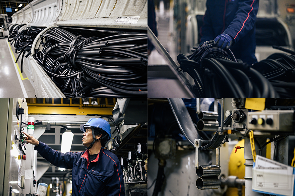 Recovered waste rubber from weatherstrips is cut and processed into recycled rubber, then blended with virgin material and reborn as new weatherstrips.