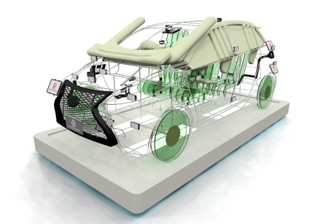 Wire mock-up car displaying safety and environmental products